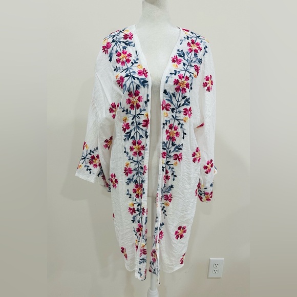 Kindred‎ Boho Floral Embroidered Kimono Coverup White Open Front Size 2X - Picture 1 of 8